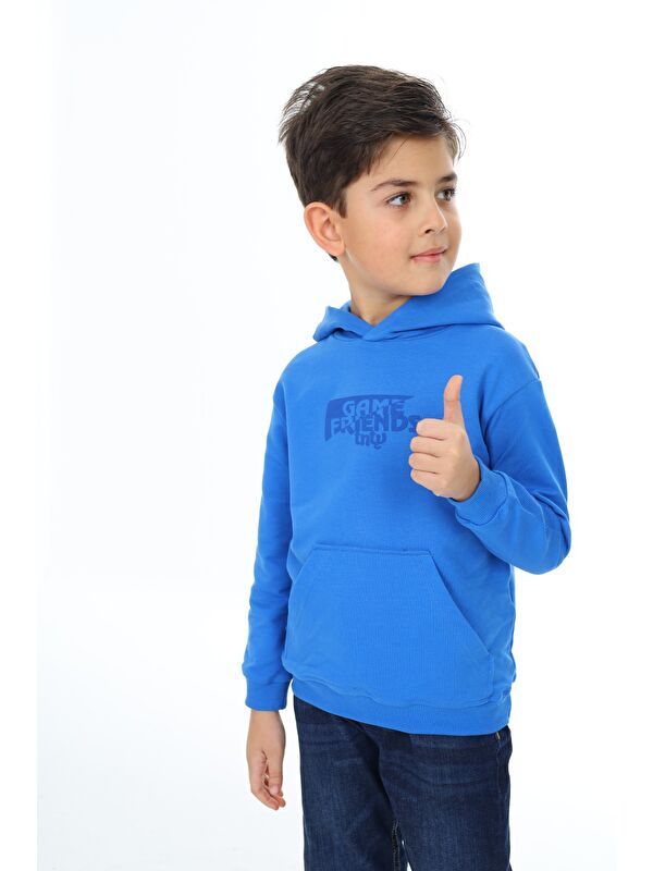 Toontoykids Erkek Çocuk Relax Fit Kapüşonlu Cepli Düşük Omuz Baskılı Sweatshirt - 2 İplik