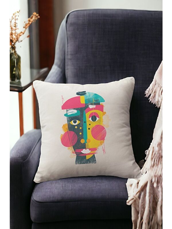 Asdiva Kadife 43x43 Cm Kırlent Kılıfı Dekoratif Yumuşak Salon Soyut Yüz