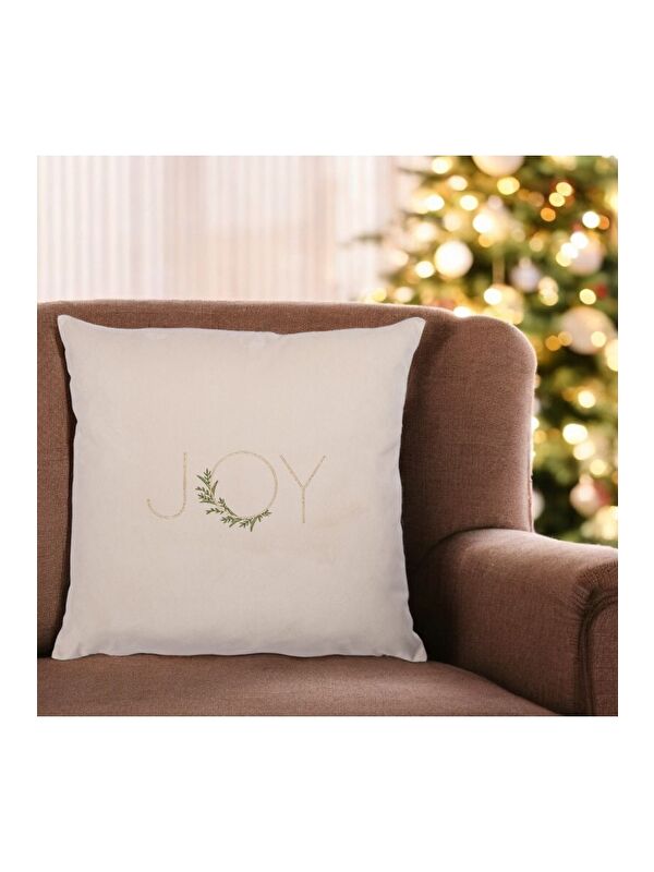 Asdiva Yılbaşı Kırlent Kılıfı Bej Zemin Nakışlı Minimal Joy yazılı  Yeni Yıl 43x43