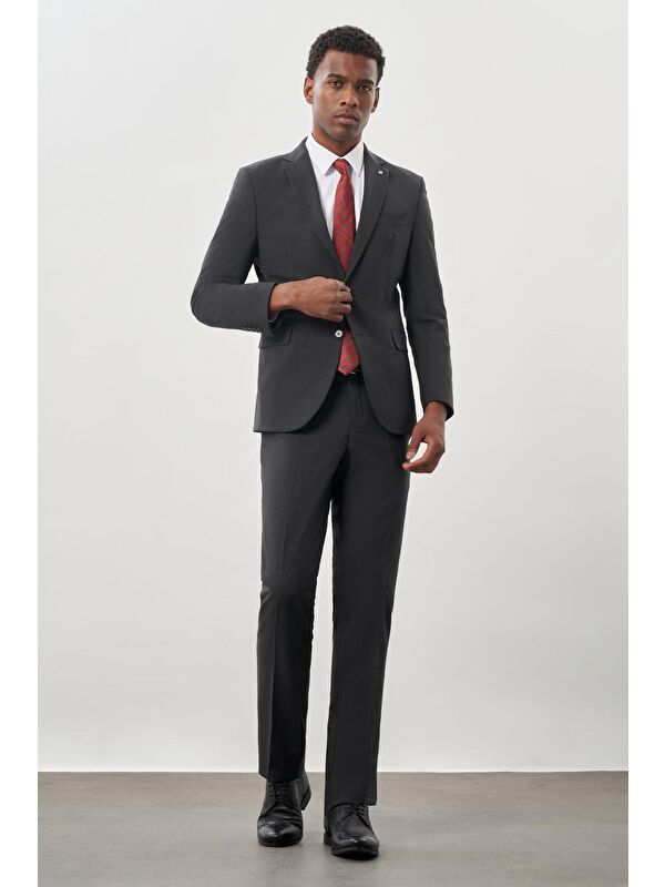 İMZA Koyu Antrasit Düz Mono Yaka Yünlü 6 Drop Comfort Fit Classic Takım Elbise 1001245180