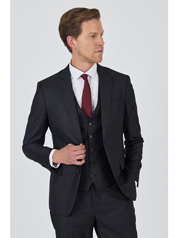 İMZA Düz Filafil Mono Yaka Tam Astar Yelekli 6 Drop Slim Fit Takım Elbise 1001250171