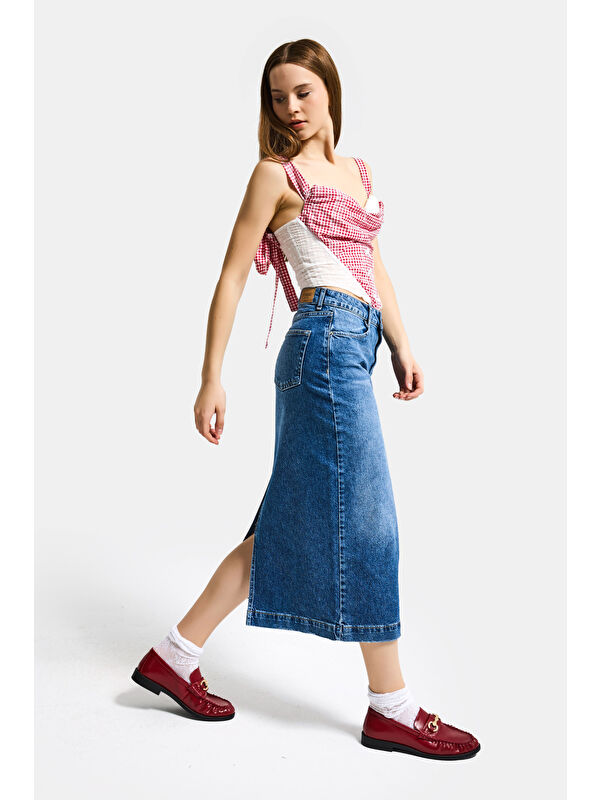 It's Basic Kadın Mavi 2s6-4 Maxi Komfort Kumaş Arkadan Yırtmaçlı Denim Etek