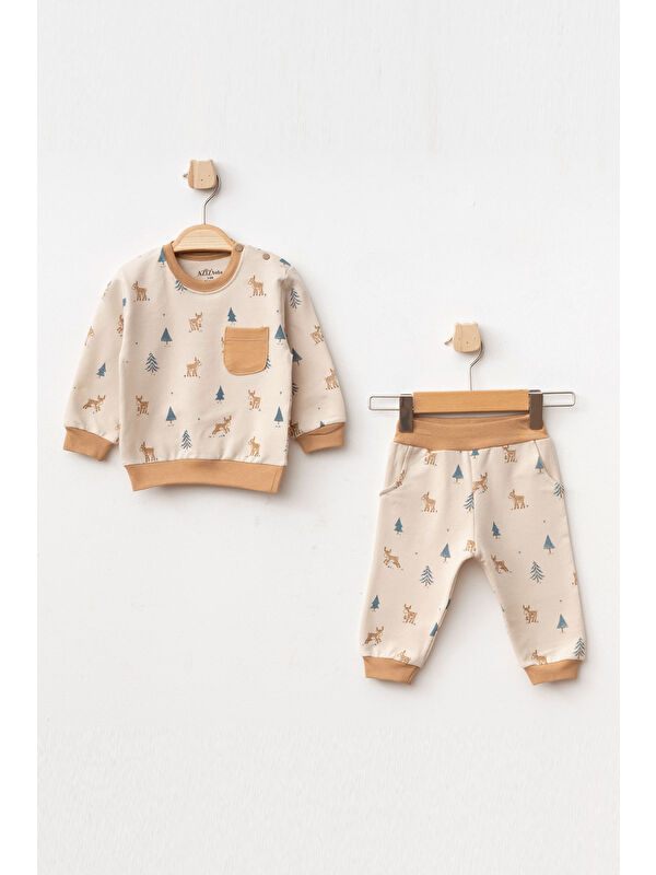 AZİZ BEBE Erkek Bebek Geyik Desenli Sweatshirt Pantolon 2 'li Alt Üst Bebek Takımı 3 Ay - 18 Ay