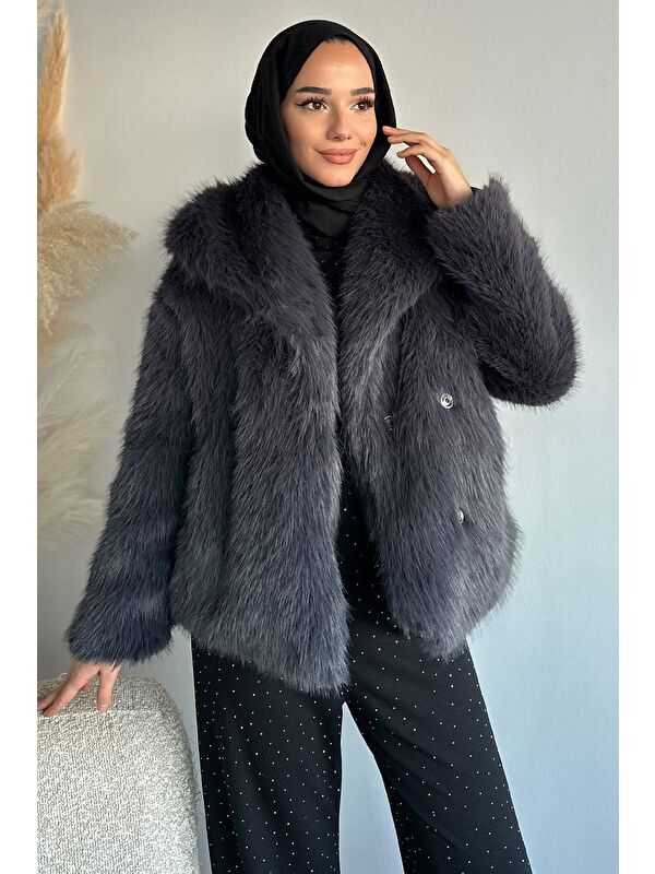 Julude Gri Astarlı Çift Cepli Kürklü Tesettür Mont - S000491717-29351