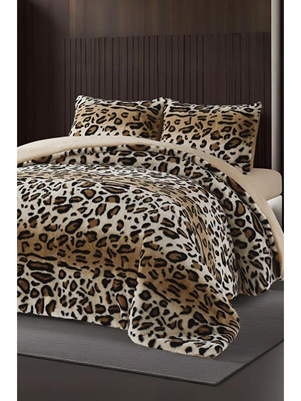 Çeyiz Diyarı Leopar Tavşan Tüyü Çift Kişilik Yatak Örtüsü 220x240 Cm