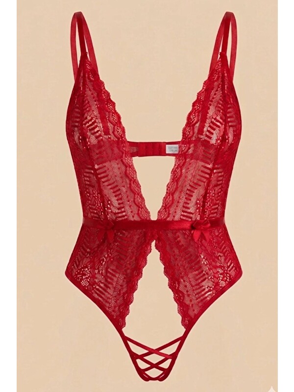 C&City Derin Dekolte Detaylı Bodysuit Kırmızı