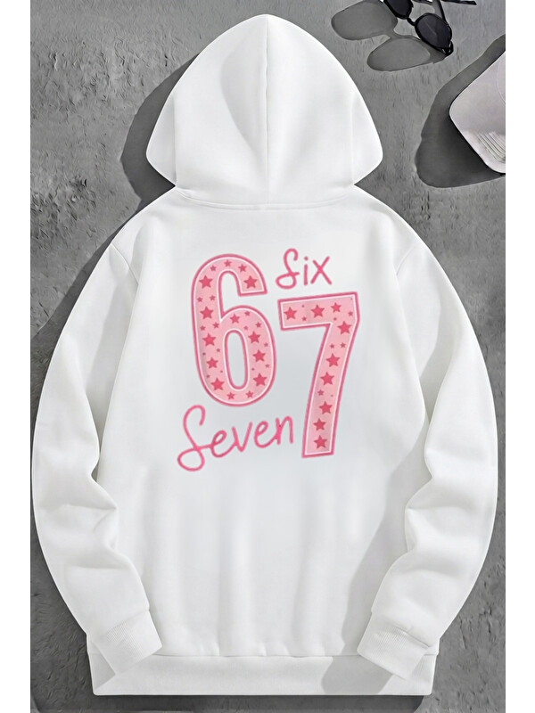 Trendseninle Unisex 3 İplik Pamuklu Beyaz 67SIXSEVEN Baskı Bol Kalıp Sweatshirt Hoodie