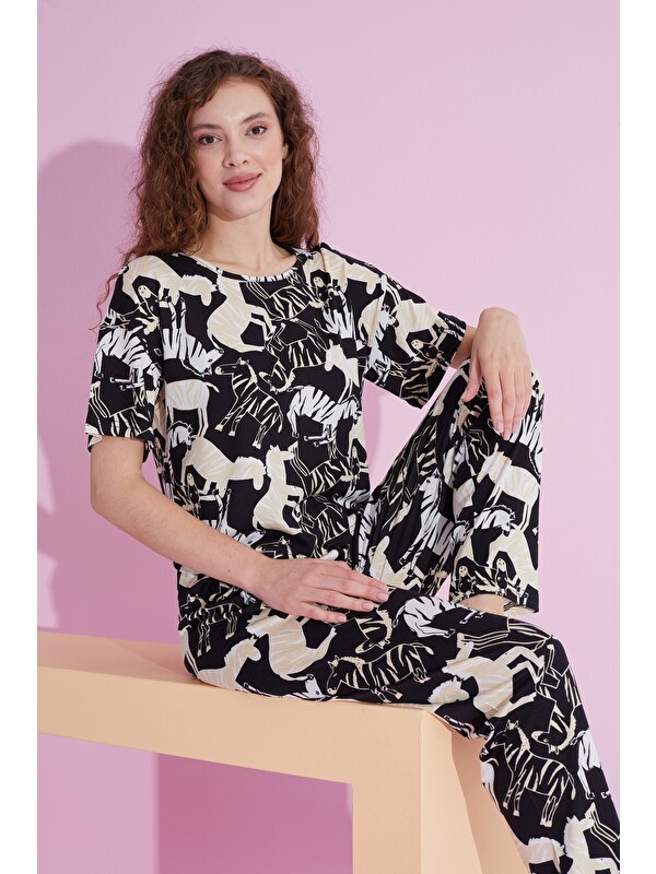 Siyah İnci Elastanlı Örme Pijama Takım