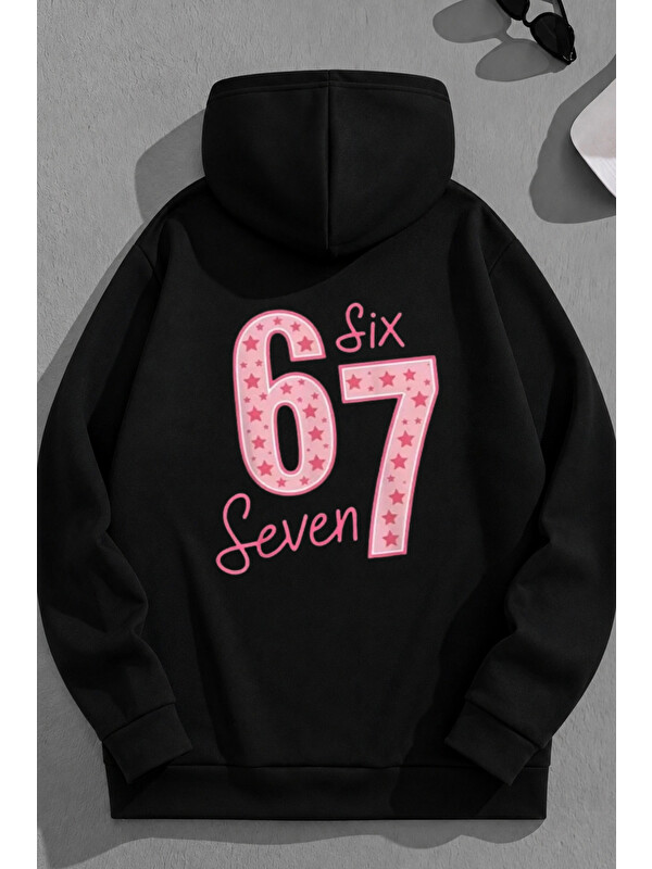 Trendseninle Unisex 3 İplik Pamuklu Siyah 67SIXSEVEN Baskı Bol Kalıp Sweatshirt Hoodie