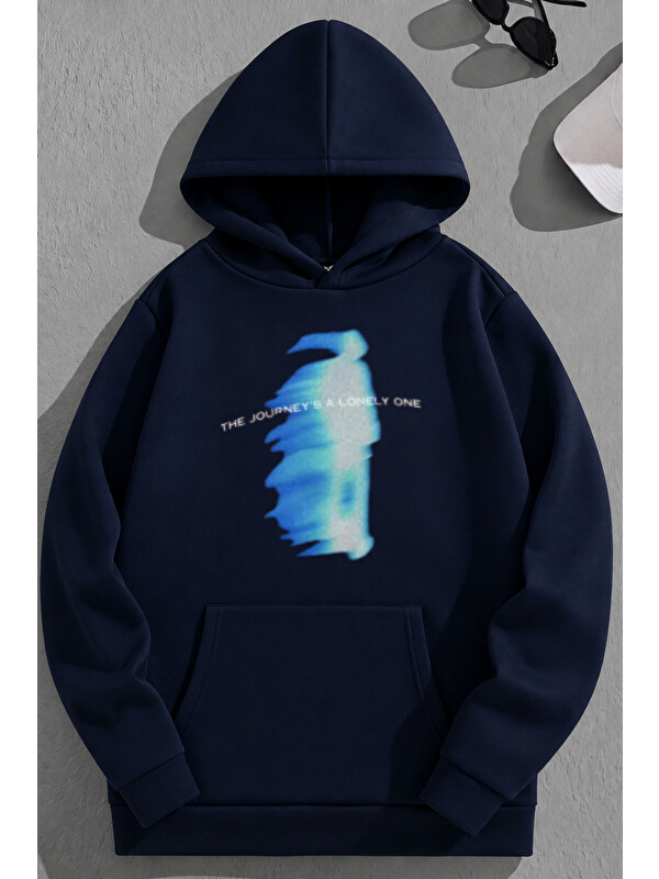 Trendseninle Unisex 3 İplik Pamuklu Lacivert TheJourney Baskı Bol Kalıp Sweatshirt Hoodie