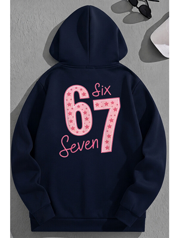 Trendseninle Unisex 3 İplik Pamuklu Lacivert 67SIXSEVEN Baskı Bol Kalıp Sweatshirt Hoodie