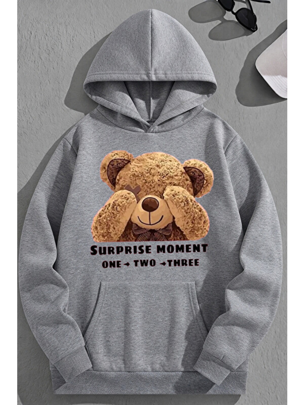 Trendseninle Unisex 3 İplik Pamuklu Gri SupriseMoment Baskı Bol Kalıp Sweatshirt Hoodie