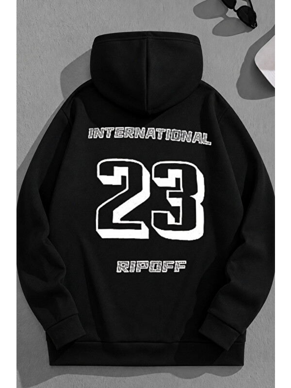 Trendseninle Unisex 3 İplik Pamuklu Siyah İnternational23 Baskı Bol Kalıp Sweatshirt Hoodie