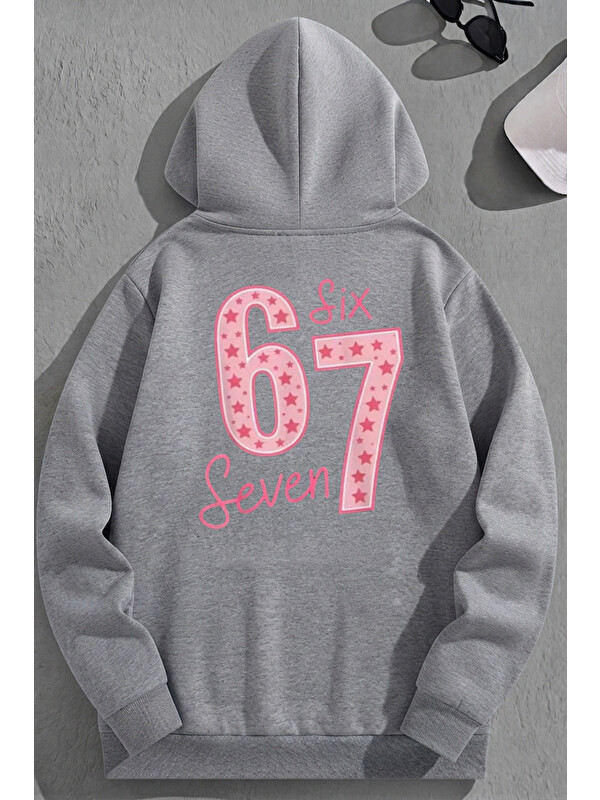 Trendseninle Unisex 3 İplik Pamuklu Gri 67SIXSEVEN Baskı Bol Kalıp Sweatshirt Hoodie