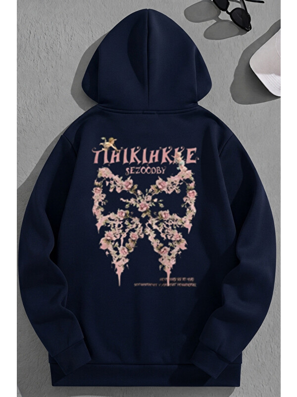 Trendseninle Unisex 3 İplik Pamuklu Lacivert Thikihkke Baskı Bol Kalıp Sweatshirt Hoodie