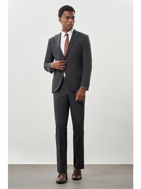İMZA Koyu Antrasit Düz Kılıç Yaka Yünlü 6 Drop Slim Fit Classic Takım Elbise 1001245179