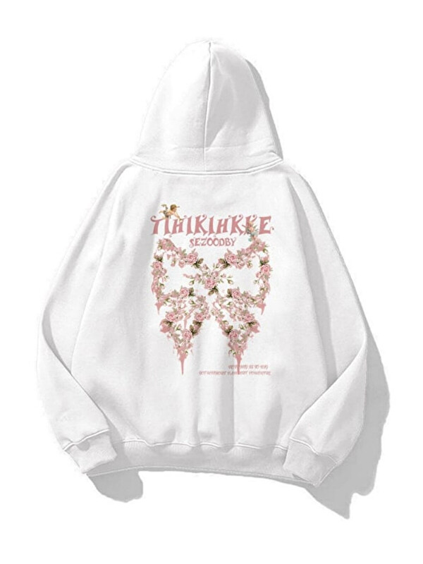 Trendseninle Unisex 3 İplik Pamuklu Beyaz Thikihkke Baskı Bol Kalıp Sweatshirt Hoodie