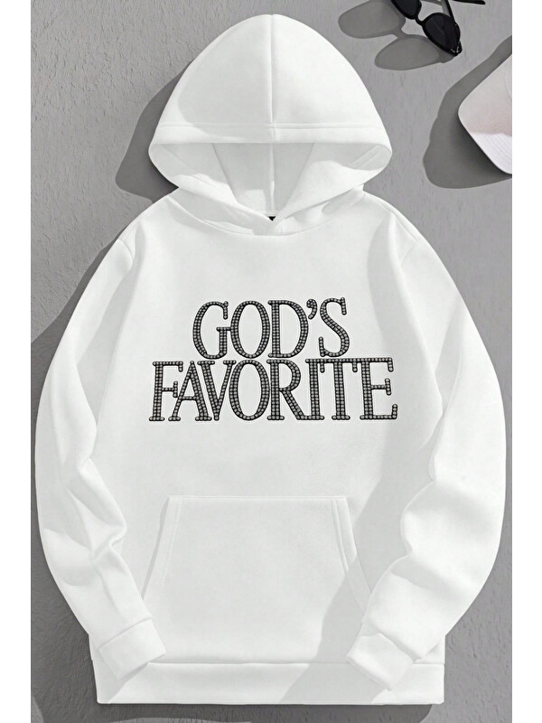 Trendseninle Unisex 3 İplik Pamuklu Beyaz GODSFAVORİTE Baskı Bol Kalıp Sweatshirt Hoodie
