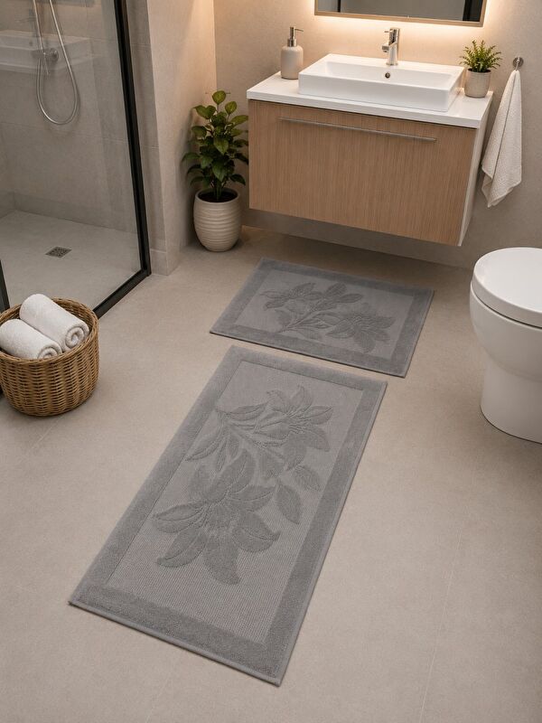 Mulberry Lena Kabartma Çiçek Desenli 2’li Banyo Paspas Seti Yumuşak Dokulu Modern Banyo Halısı