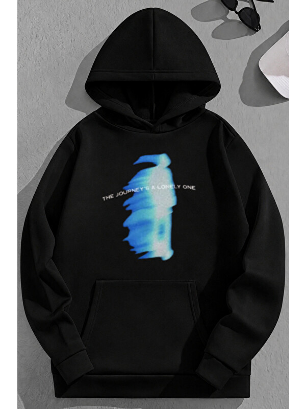 Trendseninle Unisex 3 İplik Pamuklu Siyah TheJourney Baskı Bol Kalıp Sweatshirt Hoodie