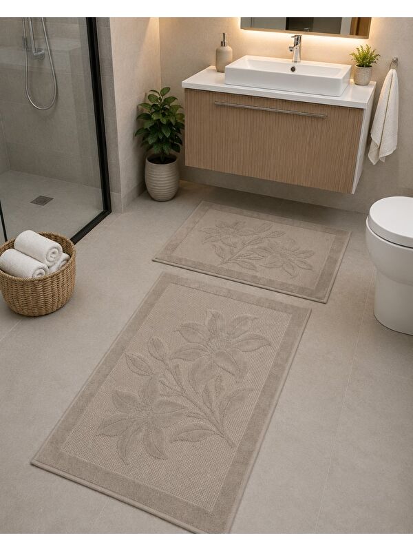 Mulberry Lena Kabartma Çiçek Desenli 2’li Banyo Paspas Seti Yumuşak Dokulu Modern Banyo Halısı