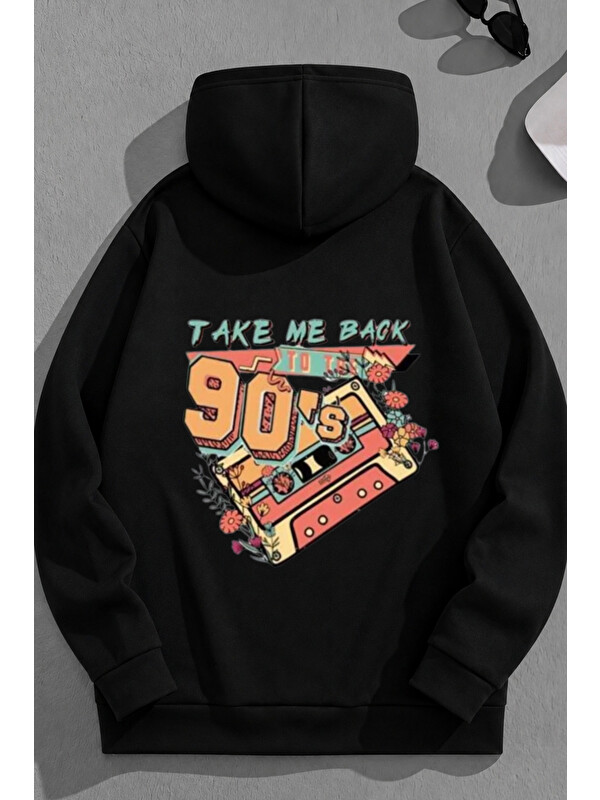 Trendseninle Unisex 3 İplik Pamuklu Siyah TakeMe90s Baskı Bol Kalıp Sweatshirt Hoodie