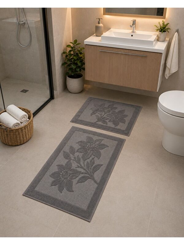 Mulberry Lena Kabartma Çiçek Desenli 2’li Banyo Paspas Seti Yumuşak Dokulu Modern Banyo Halısı