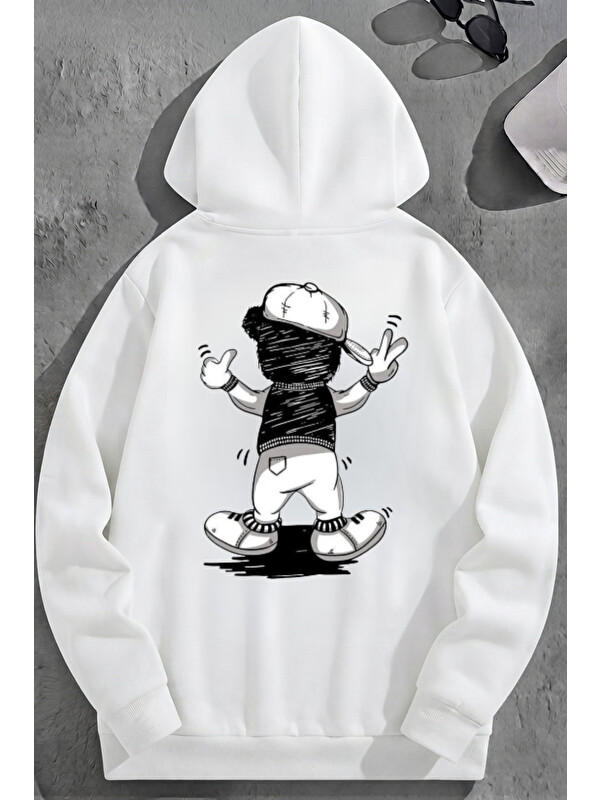 Trendseninle Unisex 3 İplik Pamuklu Beyaz ŞapkalıBear Baskı Bol Kalıp Sweatshirt Hoodie