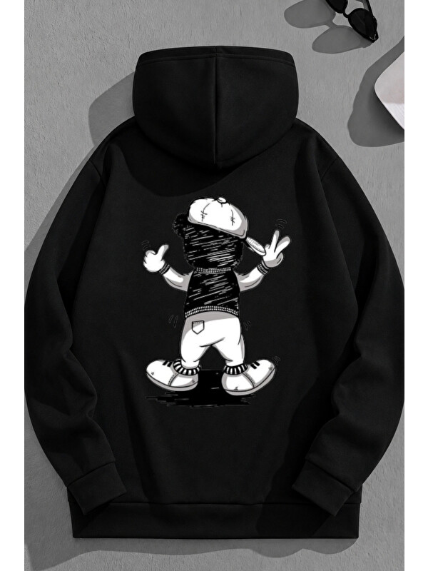 Trendseninle Unisex 3 İplik Pamuklu Siyah ŞapkalıBear Baskı Bol Kalıp Sweatshirt Hoodie