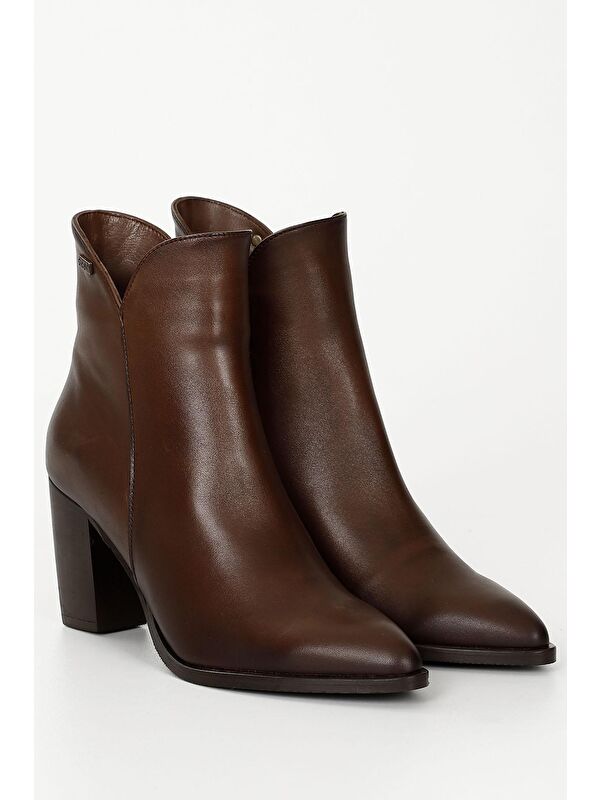 KAHVERENGİ Hakiki Deri Sivri Burun Topuklu Fermuarlı Kadın Günlük Bot 52426 - Görsel 3