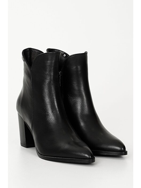 SİYAH Hakiki Deri Sivri Burun Topuklu Fermuarlı Kadın Günlük Bot 52426 - Görsel 3