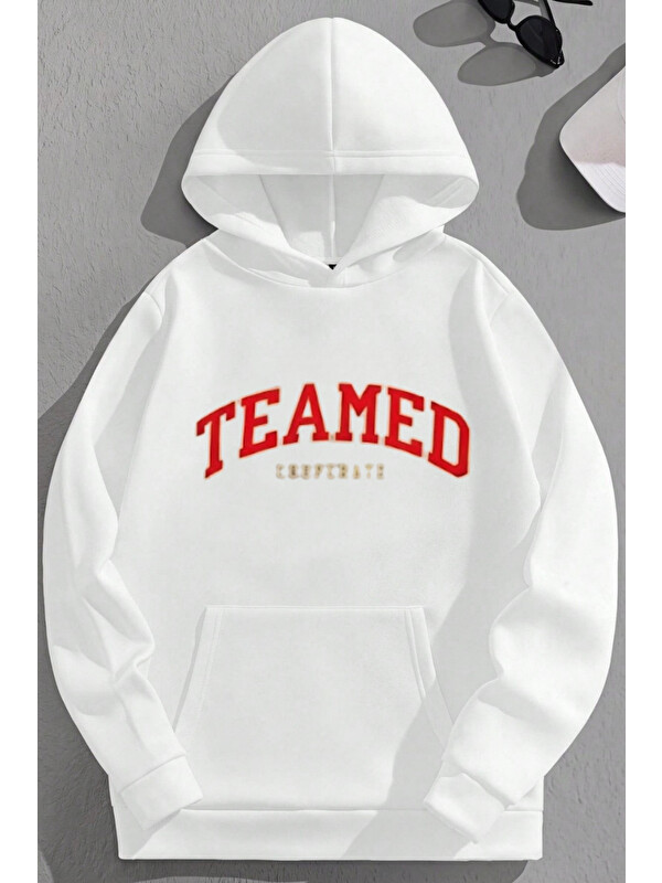 Trendseninle Unisex 3 İplik Pamuklu Beyaz Teamed Baskı Bol Kalıp Sweatshirt Hoodie