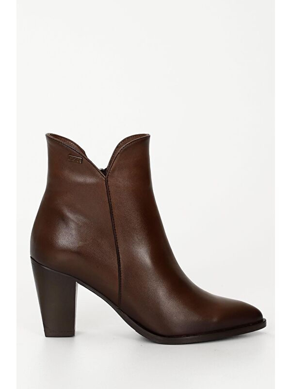 KAHVERENGİ Hakiki Deri Sivri Burun Topuklu Fermuarlı Kadın Günlük Bot 52426 - Görsel 5