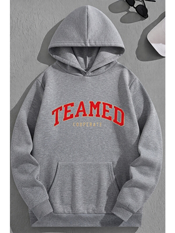 Trendseninle Unisex 3 İplik Pamuklu Gri Teamed Baskı Bol Kalıp Sweatshirt Hoodie
