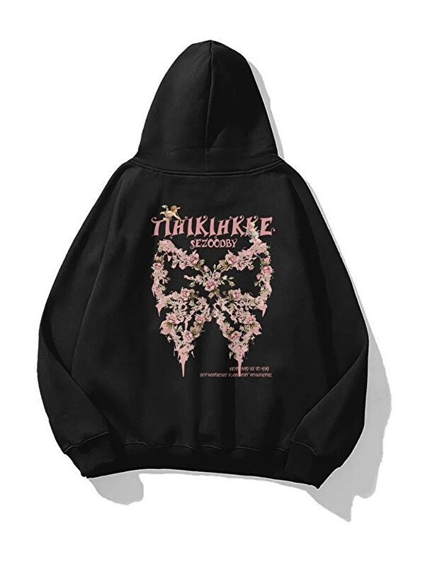 Trendseninle Unisex 3 İplik Pamuklu Siyah Thikihkke Baskı Bol Kalıp Sweatshirt Hoodie