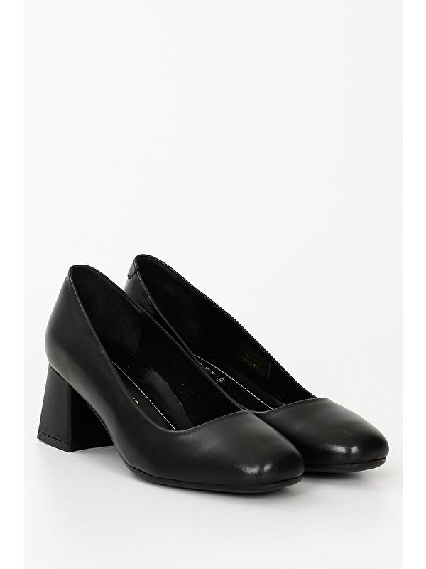 SİYAH Hakiki Deri Küt Burun Orta Kalın Topuklu Kadın Ayakkabı 24225 - Görsel 3