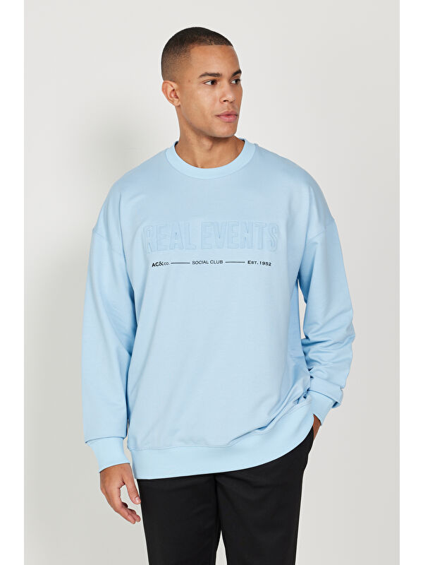 AC&Co / Altınyıldız Classics Erkek Mavi Oversize Bol Kesim Bisiklet Yaka Pamuklu Sweatshirt