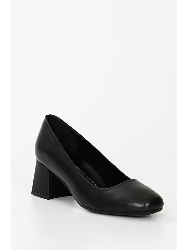 SİYAH Hakiki Deri Küt Burun Orta Kalın Topuklu Kadın Ayakkabı 24225 - Görsel 6