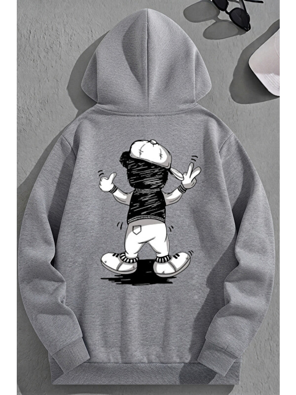 Trendseninle Unisex 3 İplik Pamuklu Gri ŞapkalıBear Baskı Bol Kalıp Sweatshirt Hoodie
