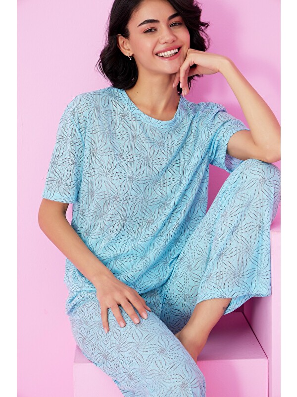 Siyah İnci Pointel Ajurlu/Delikli Bisiklet Yaka Örme Pijama Takım