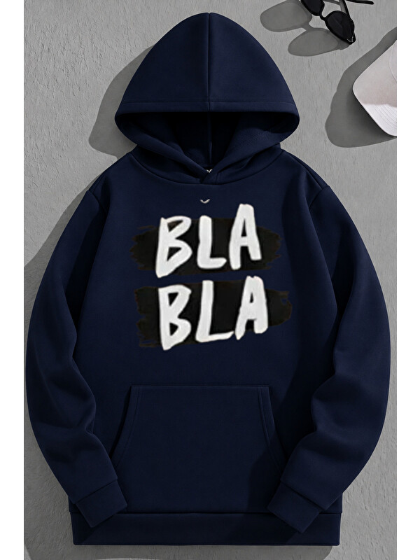 Trendseninle Unisex 3 İplik Pamuklu Lacivert Blabla Baskı Bol Kalıp Sweatshirt Hoodie