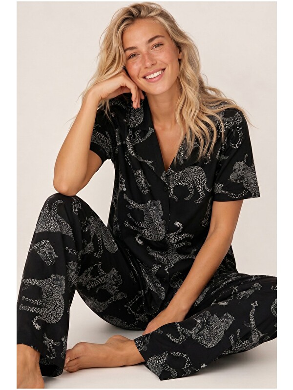 Siyah İnci Gömlek Yaka Düğmeli Örme Pijama Takım