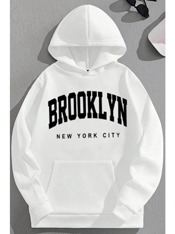 Trendseninle Unisex 3 İplik Pamuklu Beyaz BrooklynNYC Baskı Bol Kalıp Sweatshirt Hoodie