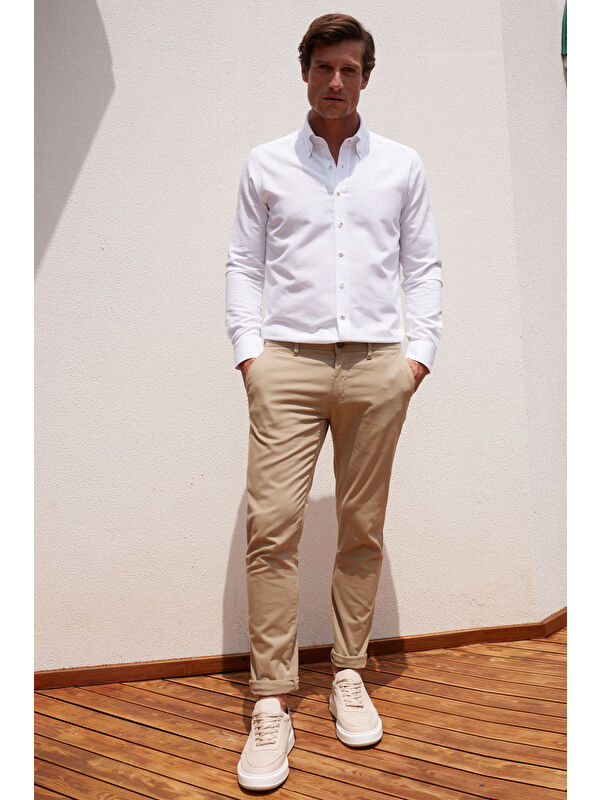 AC&Co / Altınyıldız Classics Erkek Bej Slim Fit Dar Kesim Pamuklu Esnek Yan Cep Rahat Chino Pantolon
