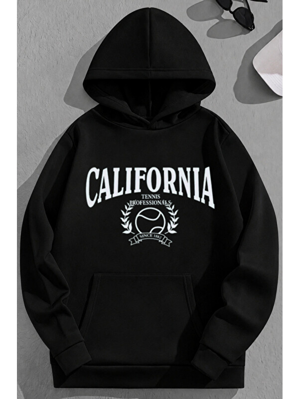 Trendseninle Unisex 3 İplik Pamuklu Siyah CalifTennis Baskı Bol Kalıp Sweatshirt Hoodie