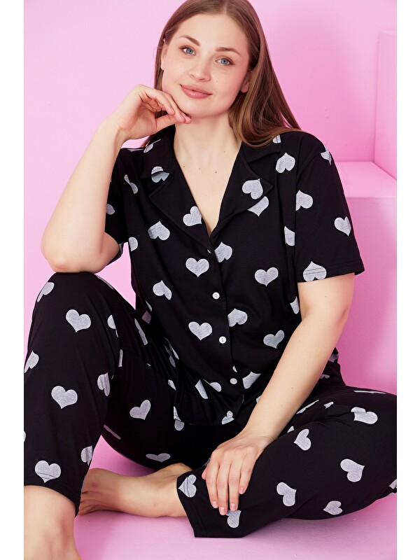 Siyah İnci Beden Battal Boy Düğmeli Örme Pijama Takım