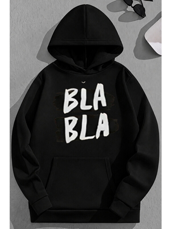 Trendseninle Unisex 3 İplik Pamuklu Siyah Blabla Baskı Bol Kalıp Sweatshirt Hoodie