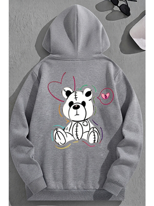 Trendseninle Unisex 3 İplik Pamuklu Gri SweatBear Baskı Bol Kalıp Sweatshirt Hoodie