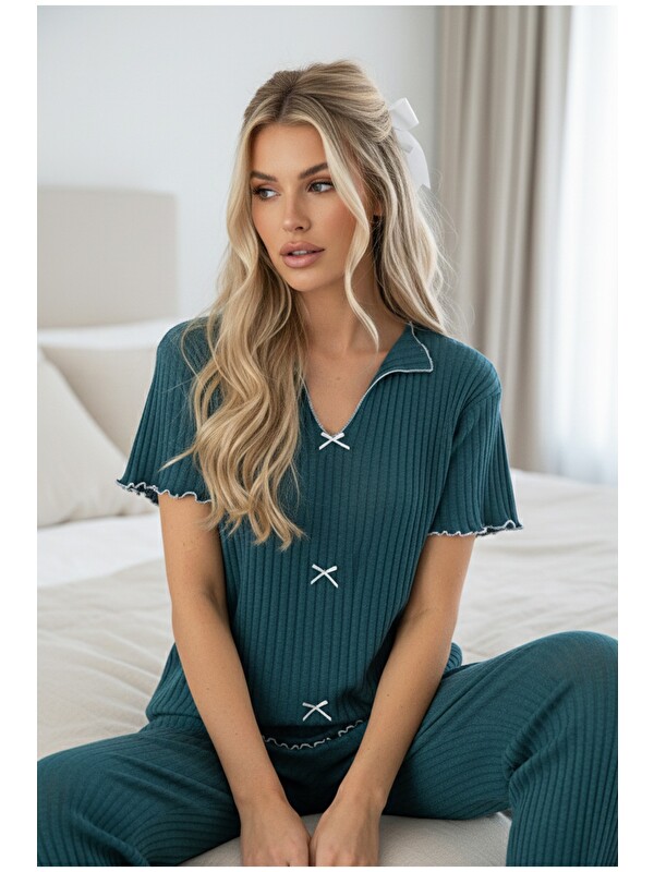 Siyah İnci Mevsimlik İnce Fiyonklu Pijama Takım7879