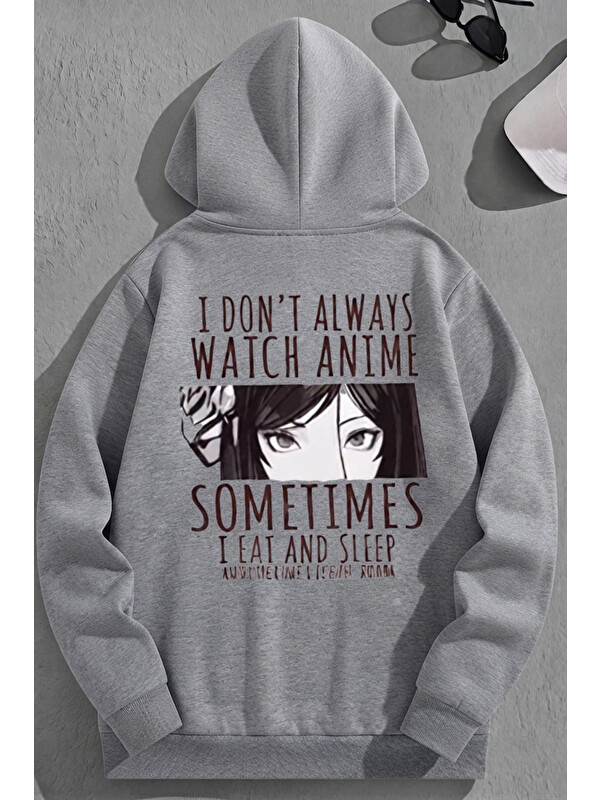 Trendseninle Unisex 3 İplik Pamuklu Gri SometimesAnime Baskı Bol Kalıp Sweatshirt Hoodie